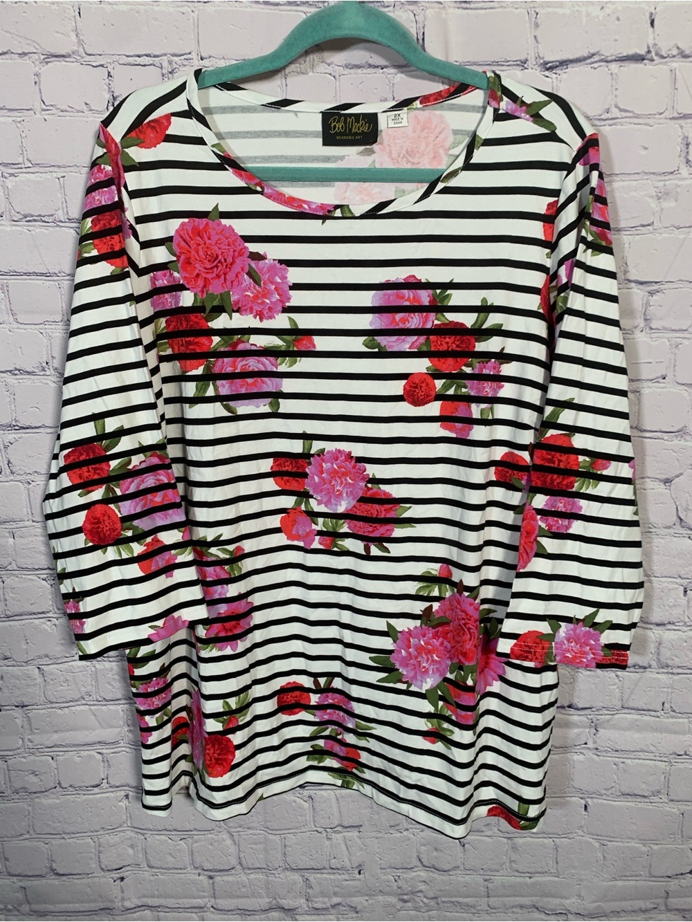 Bob Mackie Womens Floral Striped 3/4 Sleeve Scoop Neck Top Sz 2x Artsy Casual